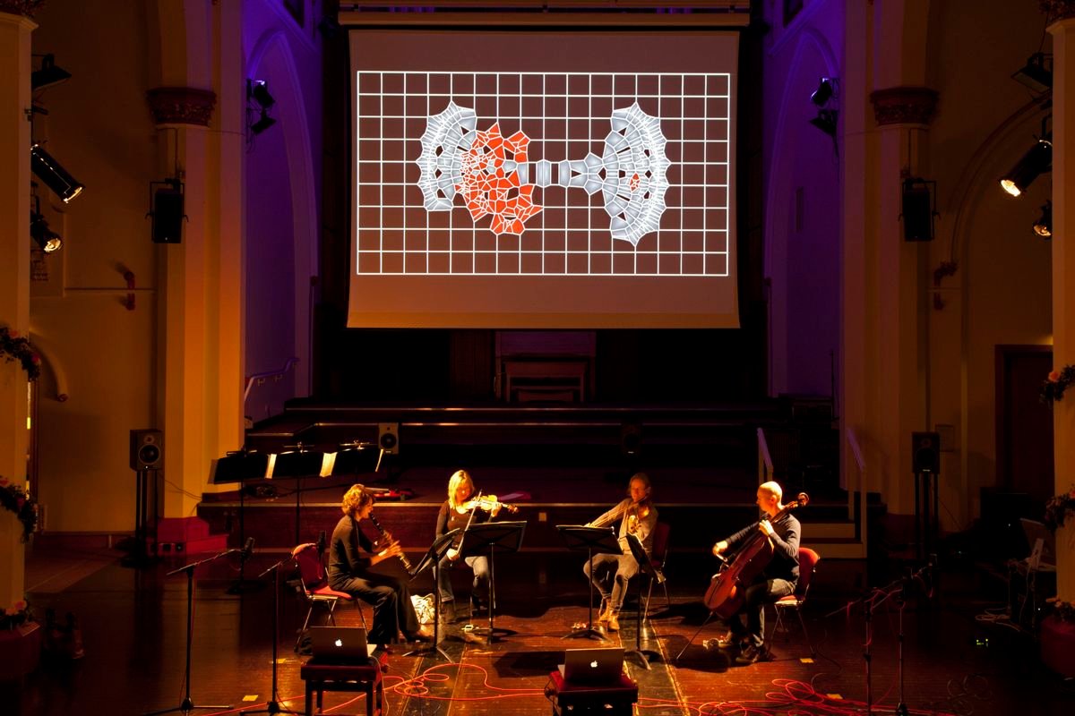 Performance of the concert version of AITO by the Goldberg Ensemble, Nick Rothwell and Rob Godman at the Huddersfield International Music Festival, November 2013, UK