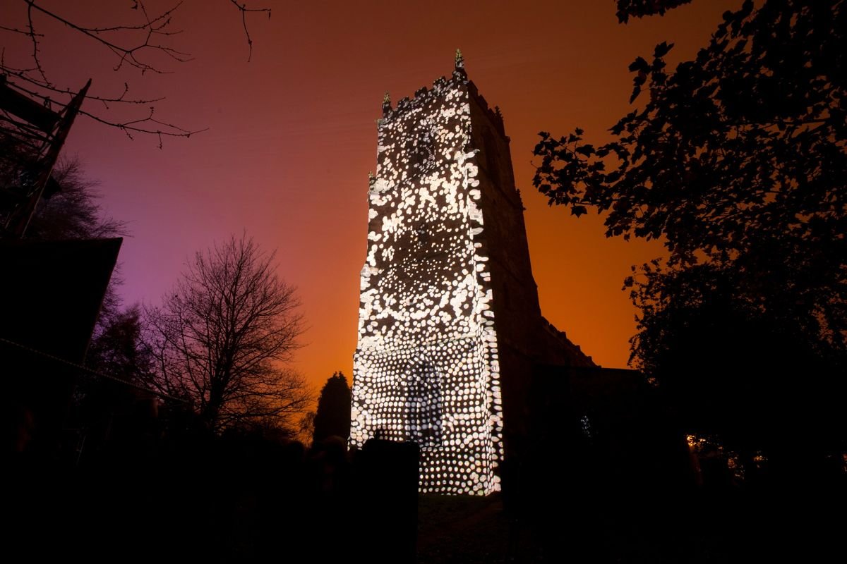 PLENUM, Simeon Nelson, LUMIERE 2011, produced by Artichoke in Durham. Photo Matthew Andrews
Exploring the complementary accounts of creation found in science and religion, Simeon Nelson’s projection begins with a perfect grid of dots which slowly decays into chaos, accompanied by a soundtrack by Rob Godman, with coding by Nick Rothwell.
