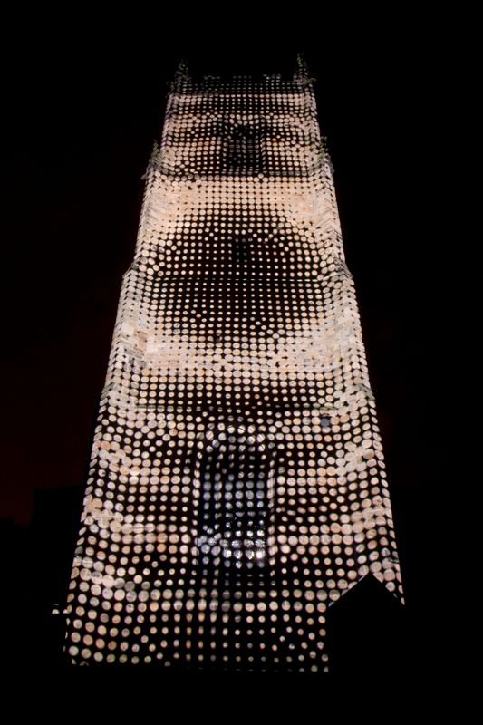 PLENUM, Simeon Nelson, LUMIERE 2011, produced by Artichoke in Durham. Photo Matthew Andrews
Exploring the complementary accounts of creation found in science and religion, Simeon Nelson’s projection begins with a perfect grid of dots which slowly decays into chaos, accompanied by a soundtrack by Rob Godman, with coding by Nick Rothwell.