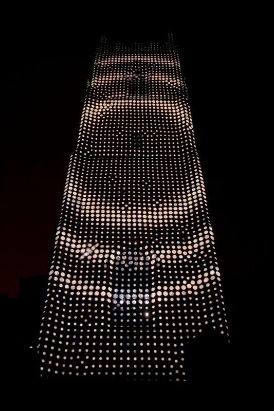 PLENUM, Simeon Nelson, LUMIERE 2011, produced by Artichoke in Durham. Photo Matthew Andrews
Exploring the complementary accounts of creation found in science and religion, Simeon Nelson’s projection begins with a perfect grid of dots which slowly decays into chaos, accompanied by a soundtrack by Rob Godman, with coding by Nick Rothwell.