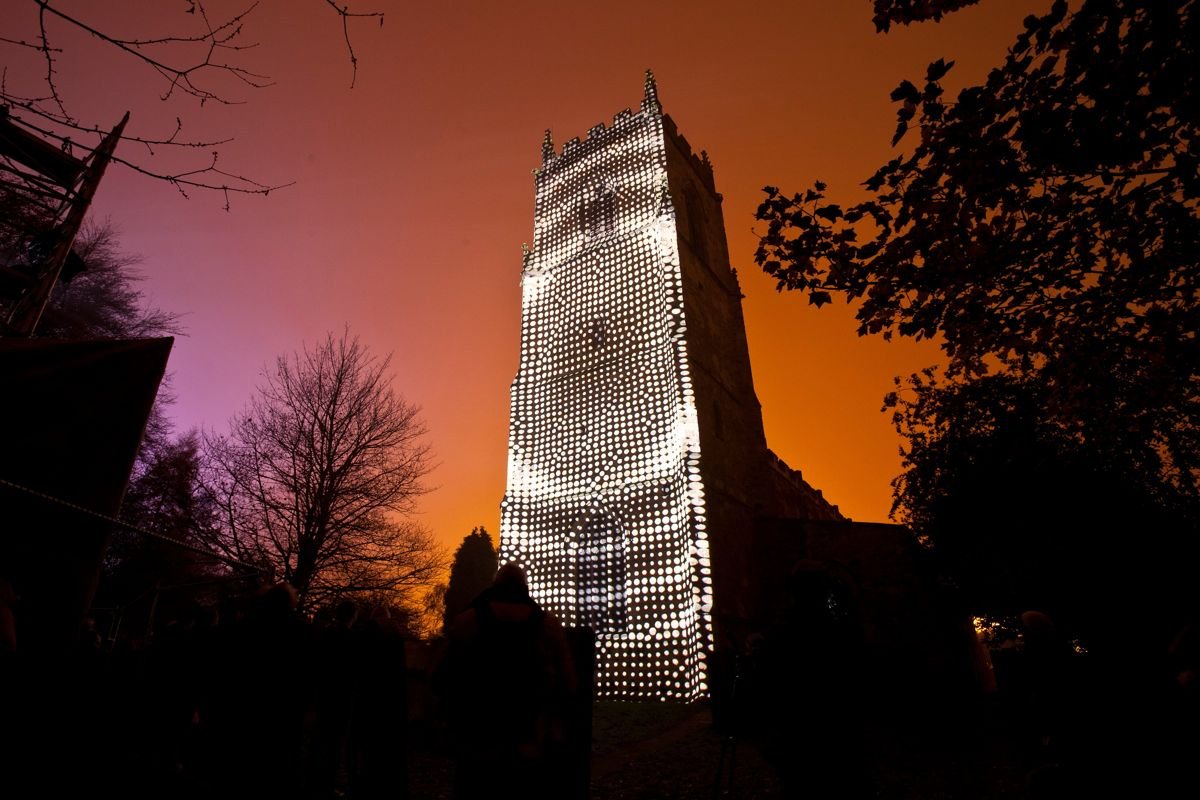 PLENUM, Simeon Nelson, LUMIERE 2011, produced by Artichoke in Durham. Photo Matthew Andrews
Exploring the complementary accounts of creation found in science and religion, Simeon Nelson’s projection begins with a perfect grid of dots which slowly decays into chaos, accompanied by a soundtrack by Rob Godman, with coding by Nick Rothwell.